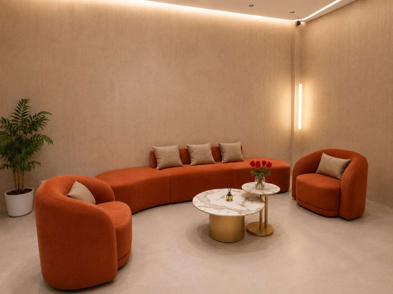 Waiting lounge with curved sofa seating at OneHealth Clinic Horizon Hills